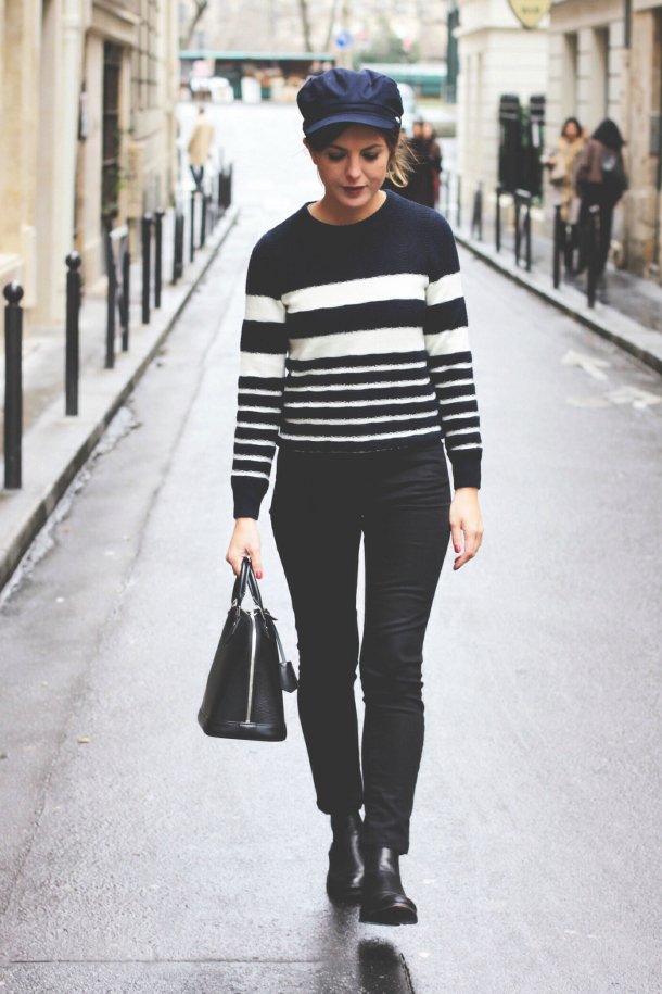 Apc Striped Sweater Barbour Jacket Acne Studios Jeans Newsboy Cap
