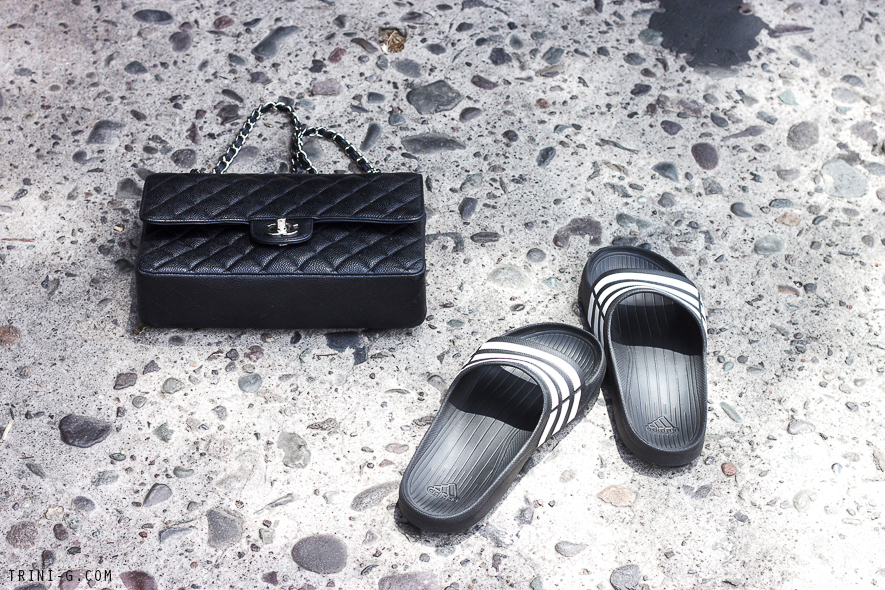 Trini | Adidas sandals Chanel bag
