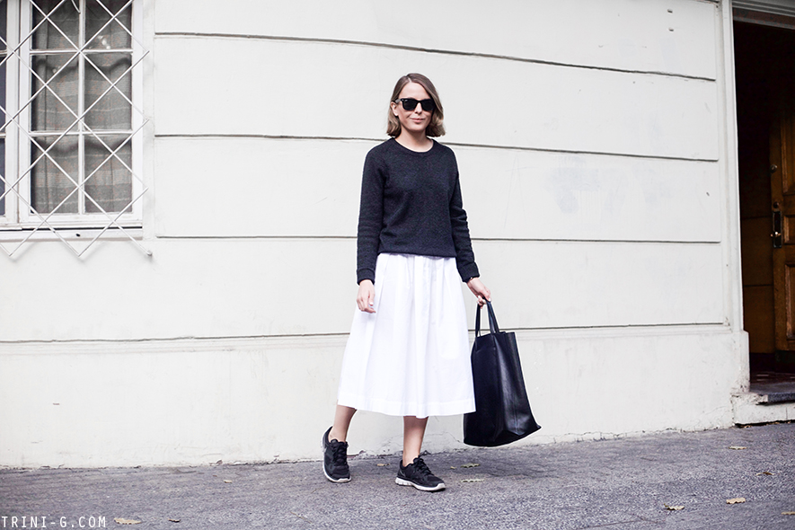 Trini | Equipment Sloane sweater MaxMara white midi skirt